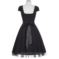 Grace Karin Manga Cuadrado Cuadrado Cuello Alto Estiramiento Negro Vintage Retro Vestido CL008951-1